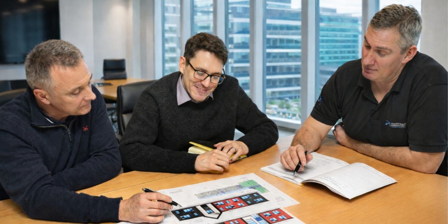 Staff looking at plans and drawings on a meeting room table