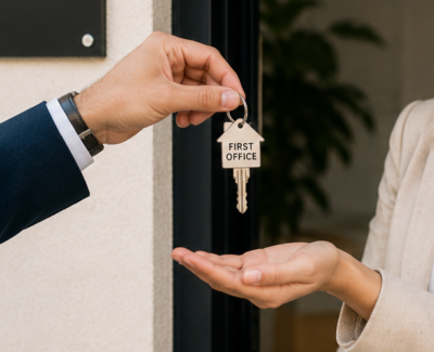 Keys to a first office being placed in a female hand by an estate agent